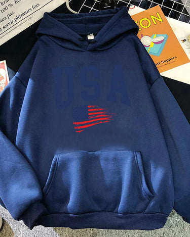 USA Fluttering National Flag Design Hoodie Women Creative Loose Hoody Crewneck Casual Streetwear Comfortable Female Sweatshirts