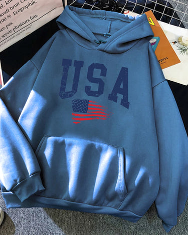 USA Fluttering National Flag Design Hoodie Women Creative Loose Hoody Crewneck Casual Streetwear Comfortable Female Sweatshirts