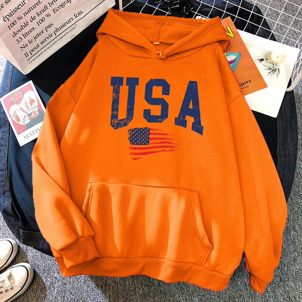 USA Fluttering National Flag Design Hoodie Women Creative Loose Hoody Crewneck Casual Streetwear Comfortable Female Sweatshirts