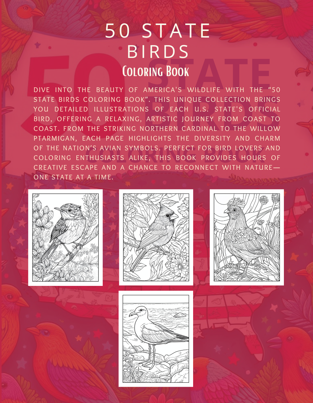 50 State Birds Coloring Book  [EASY] [50+ Designs + Immediate Access!]