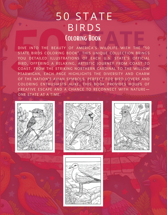 50 State Birds Coloring Book  [EASY] [50+ Designs + Immediate Access!]