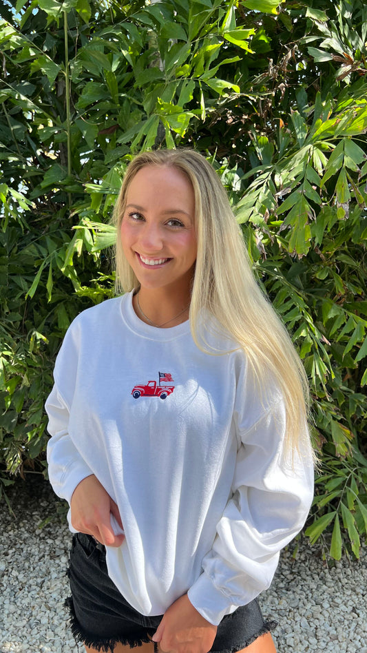 USA Flag Pickup Truck Embroidered Crewneck Sweatshirt, Unisex