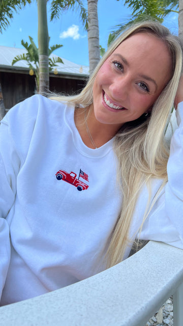 USA Flag Pickup Truck Embroidered Crewneck Sweatshirt, Unisex