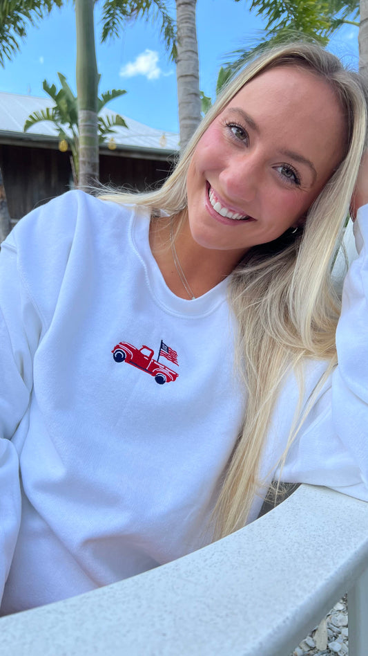 USA Flag Pickup Truck Embroidered Crewneck Sweatshirt, Unisex