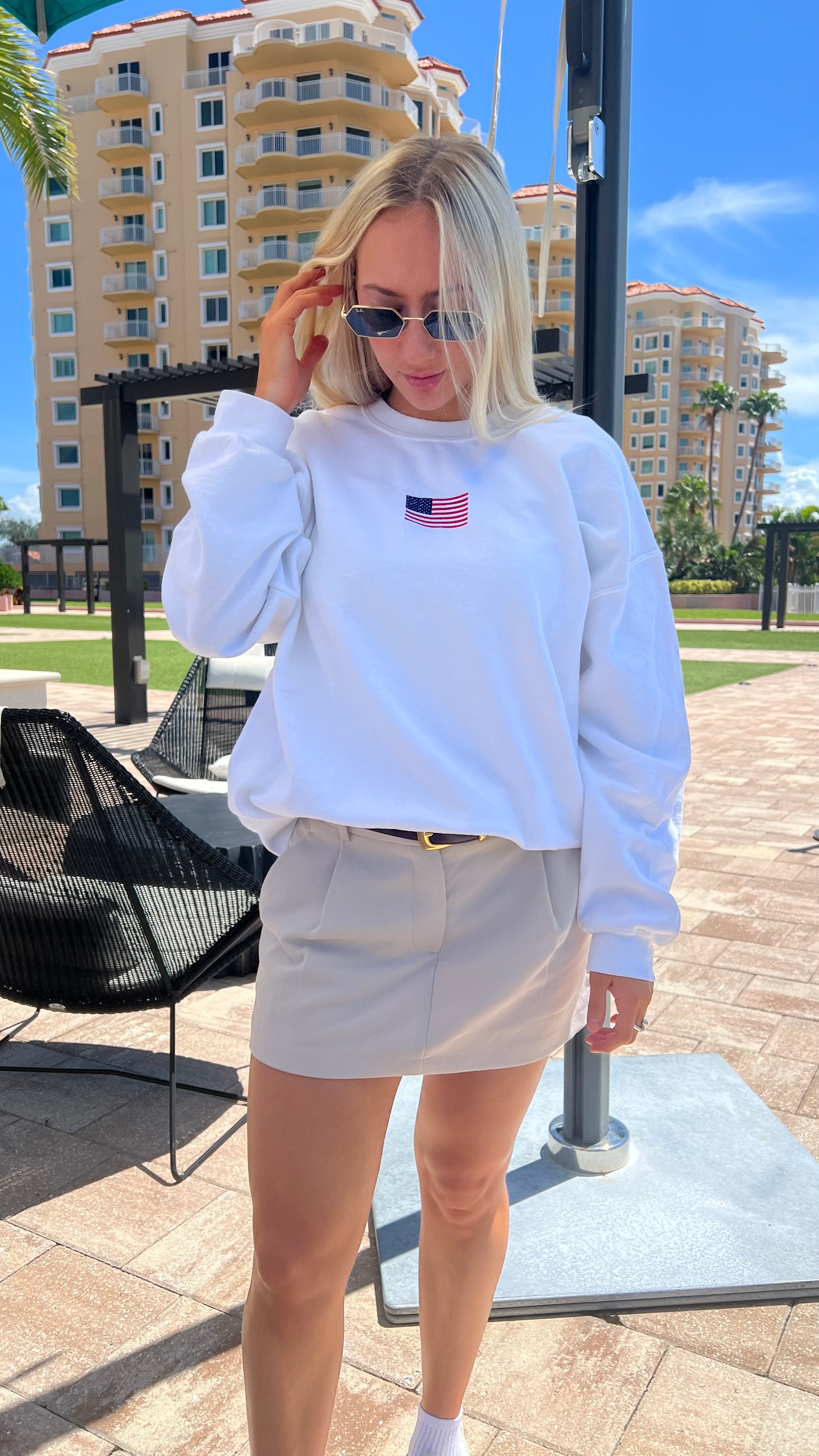 White embroidered American flag crewneck