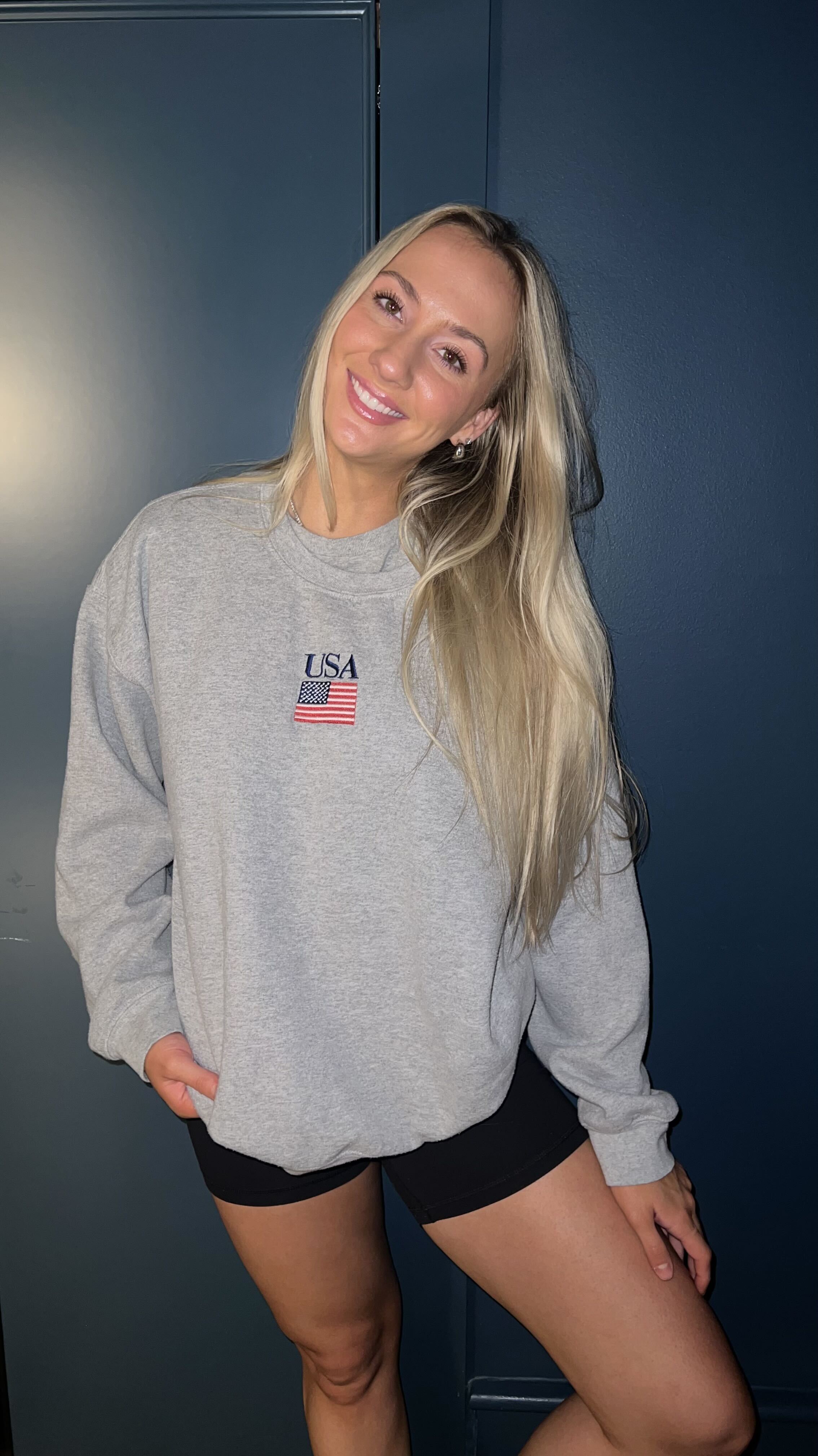 Grey embroidered USA flag crewneck