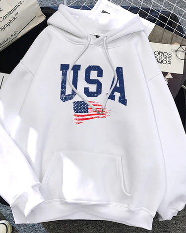 USA Fluttering National Flag Design Hoodie Women Creative Loose Hoody Crewneck Casual Streetwear Comfortable Female Sweatshirts