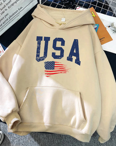 USA Fluttering National Flag Design Hoodie Women Creative Loose Hoody Crewneck Casual Streetwear Comfortable Female Sweatshirts