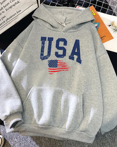 USA Fluttering National Flag Design Hoodie Women Creative Loose Hoody Crewneck Casual Streetwear Comfortable Female Sweatshirts